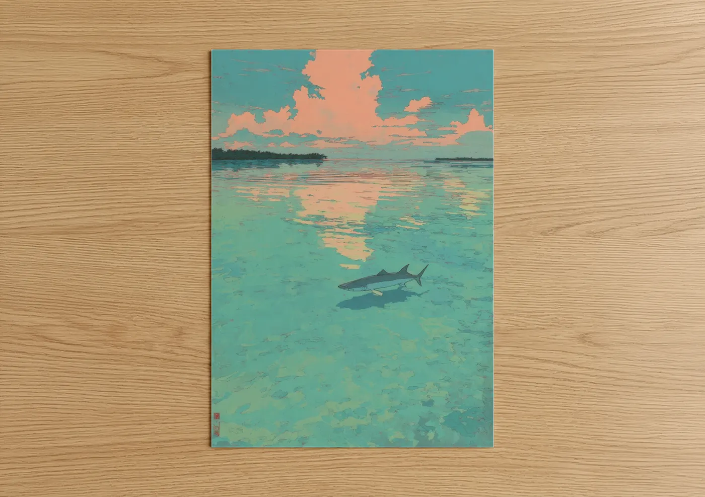 Art print on warm oak wood — teal and peach palette — Shallow Water Snook poster