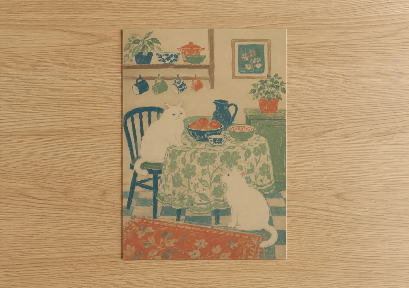 Art print on warm oak wood — cream and true green palette — White Cats Kitchen Scene Wall Art poster