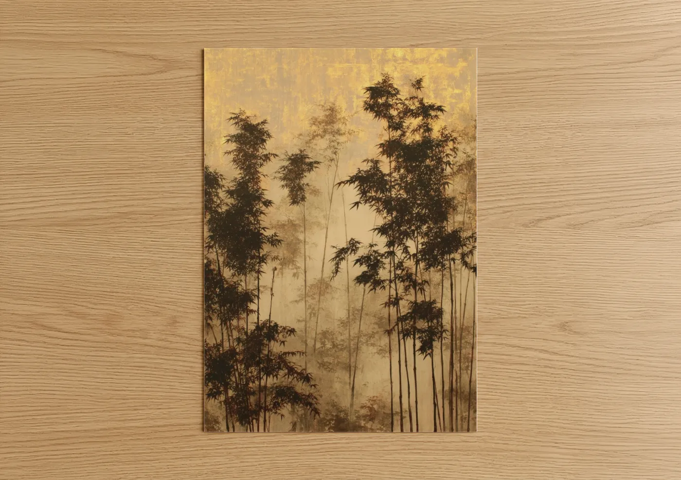 Bamboo jungle art print on warm oak wood — gold and black palette — Misty Bamboo Forest poster