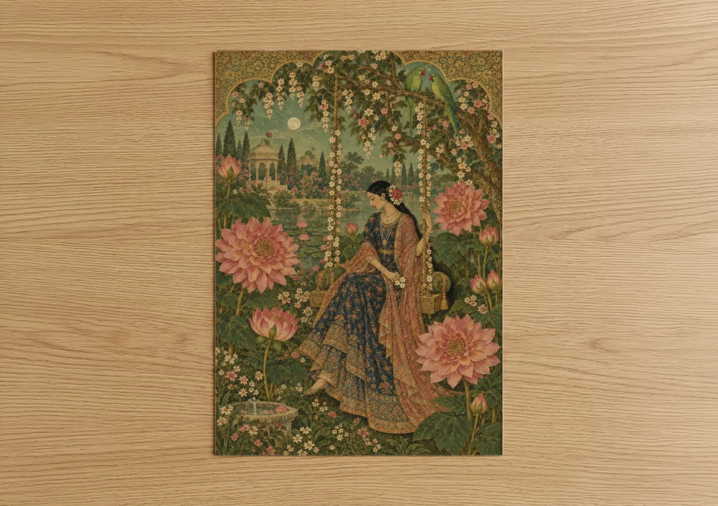 Art print on warm oak wood — sage green and gold palette — Moonlit Garden Lotus Blossom Wall Art poster