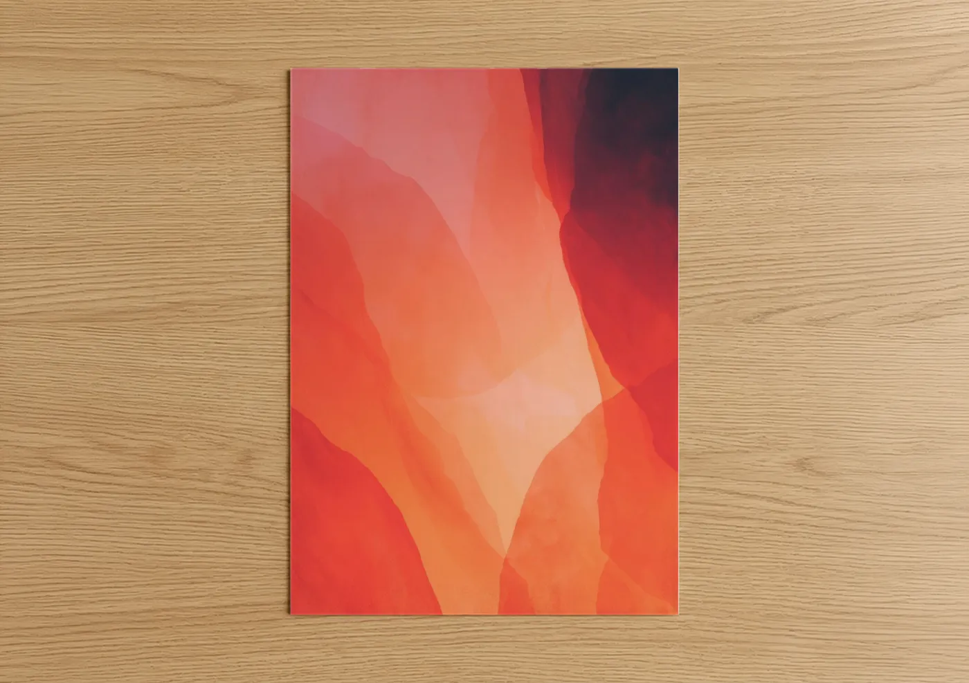Art print on warm oak wood — red and orange palette — Crimson Supernova poster