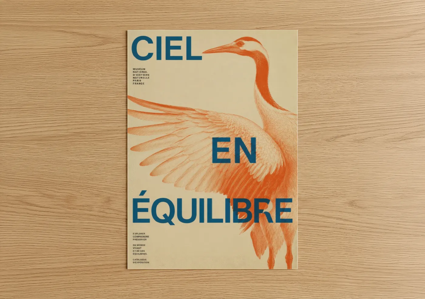Art print on warm oak wood — orange and beige palette — Vintage French Museum Crane Wall Art poster