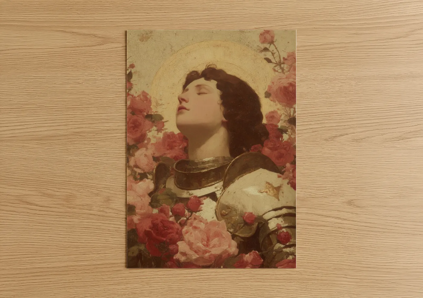 Joan of arc art print on warm oak wood — gold and rose gold palette — Saintly Joan poster