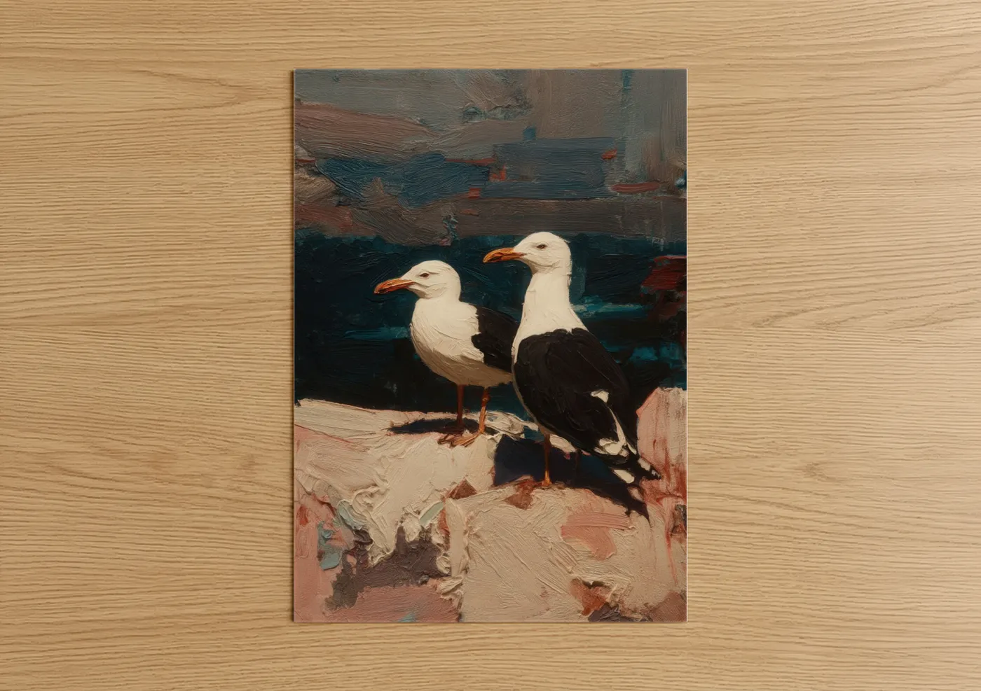 Art print on warm oak wood — dark blue and russet palette — Coastal Seagull Pair poster