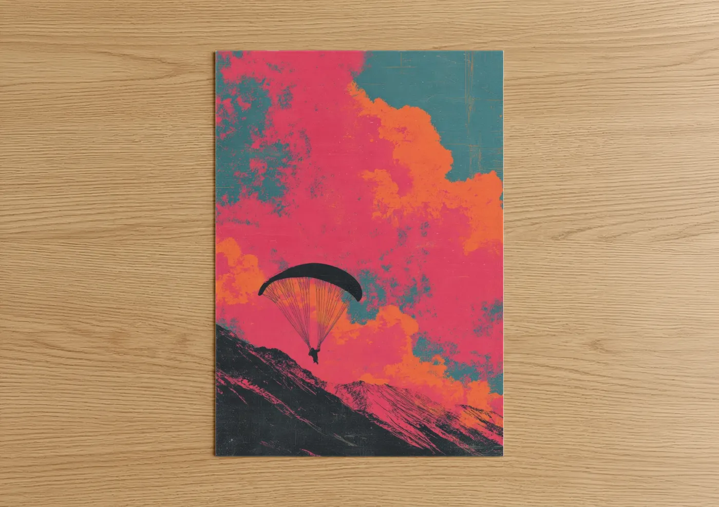 Art print on warm oak wood — magenta and orange palette — Neon Paragliding poster