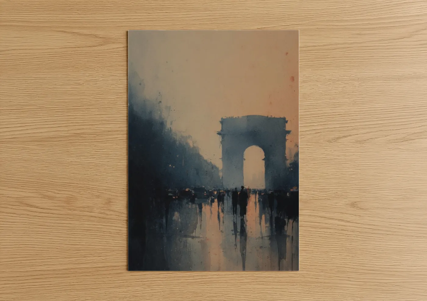 Arc de triomphe art print on warm oak wood — peach and dove gray palette — Misty Arc Parisian poster