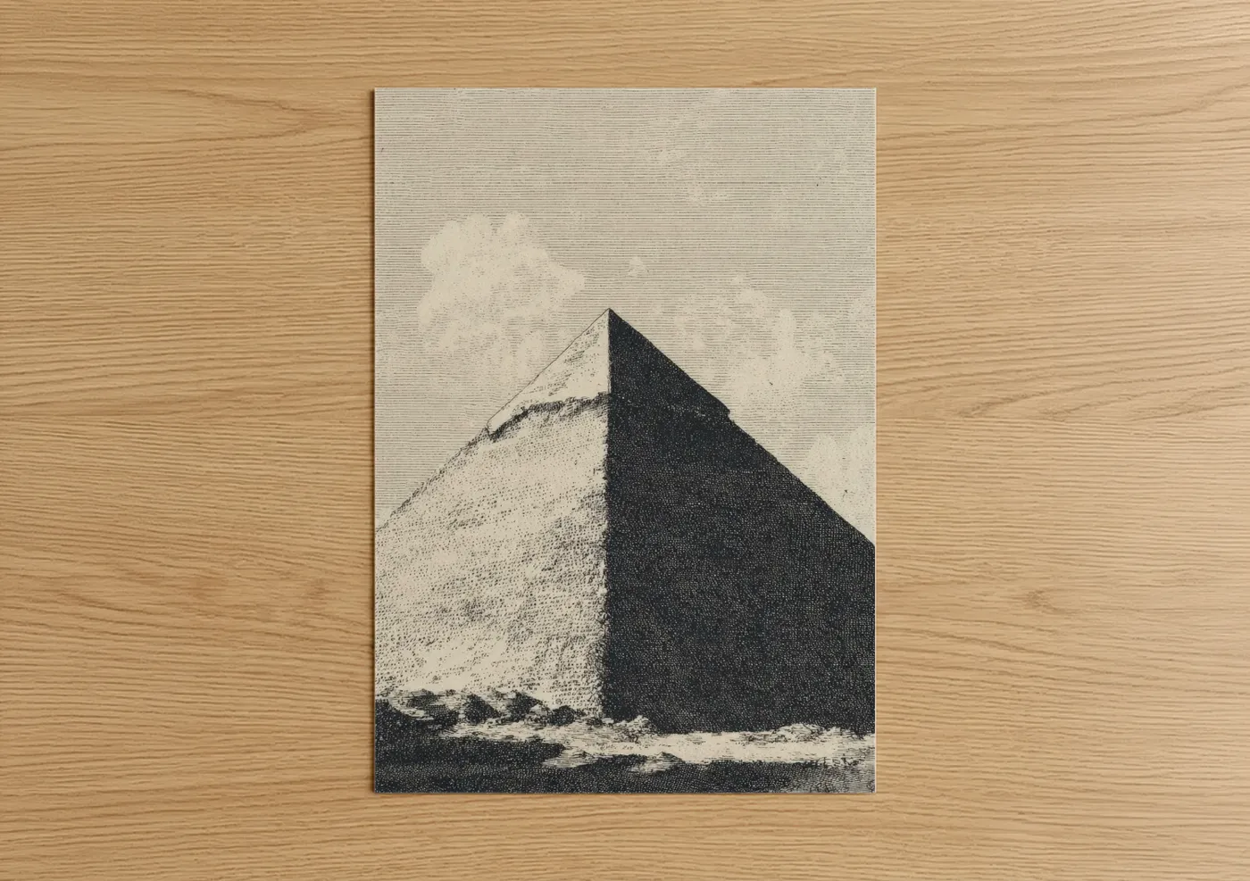 Great pyramid of giza art print on warm oak wood — black and white and cream palette — Monumental Pyramid poster