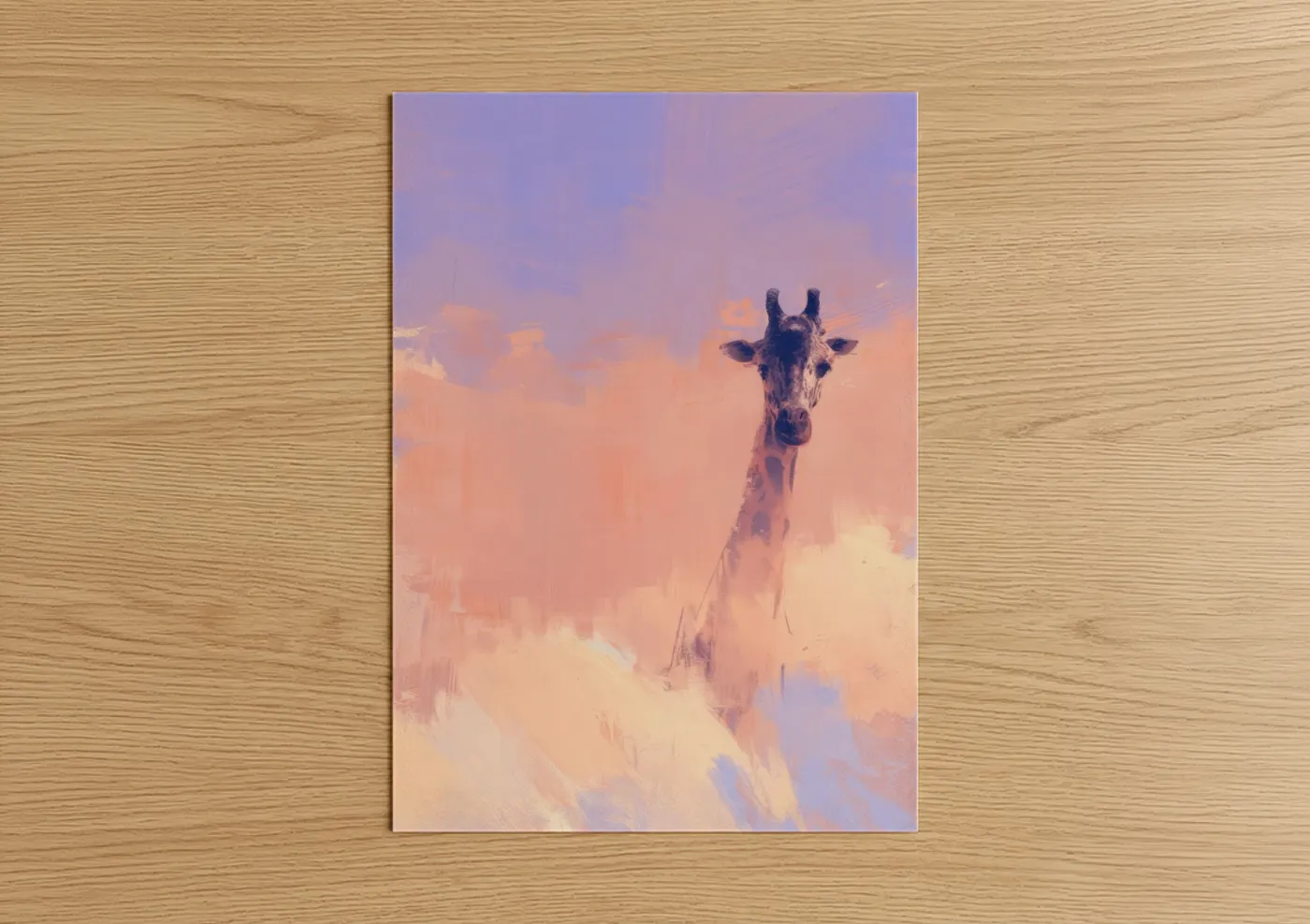Art print on warm oak wood — lavender and peach palette — Dreamy Giraffe poster