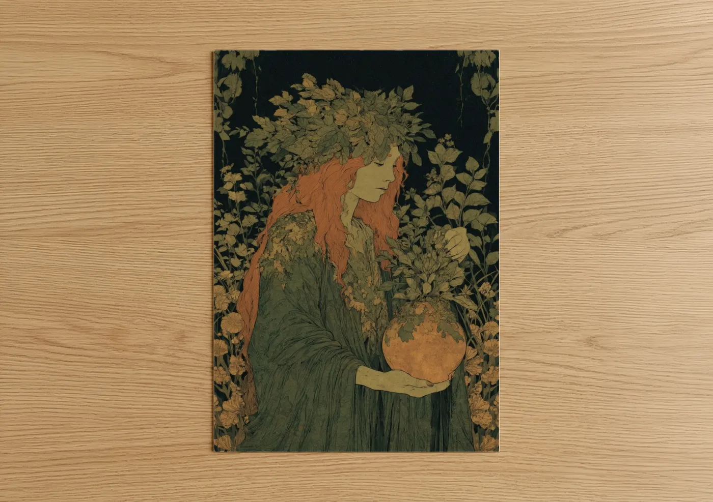 Magic and witchcraft art print on warm oak wood — gold and dark green palette — Autumn Herbalist poster