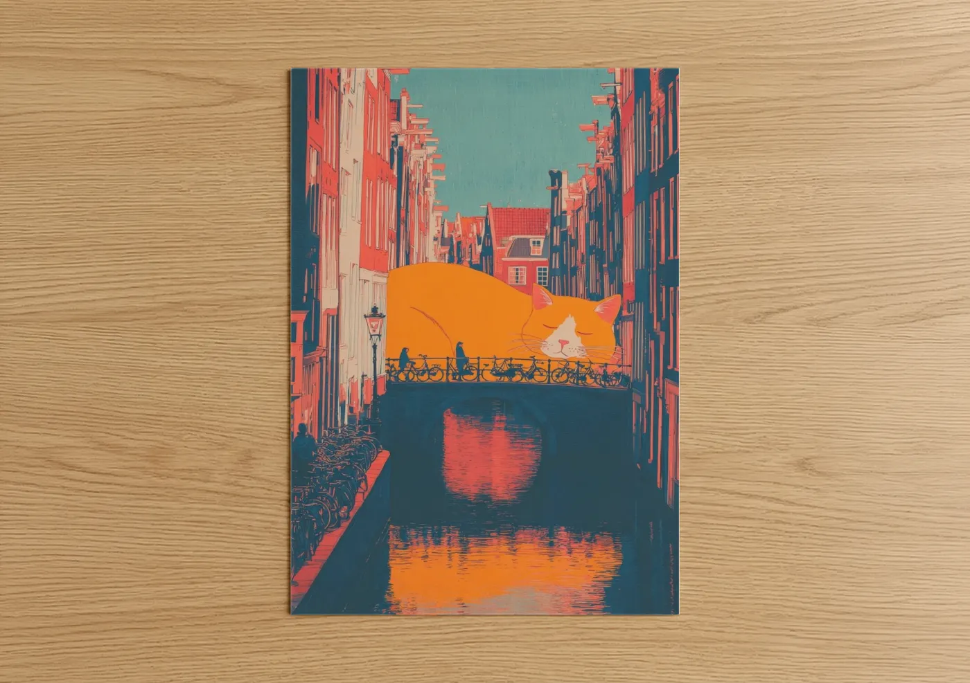 Giant Orange Cat Canal Illustration Wall Art