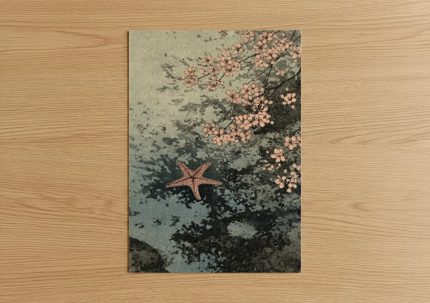 Art print on warm oak wood — salmon pink and dove gray palette — Coastal Starfish poster
