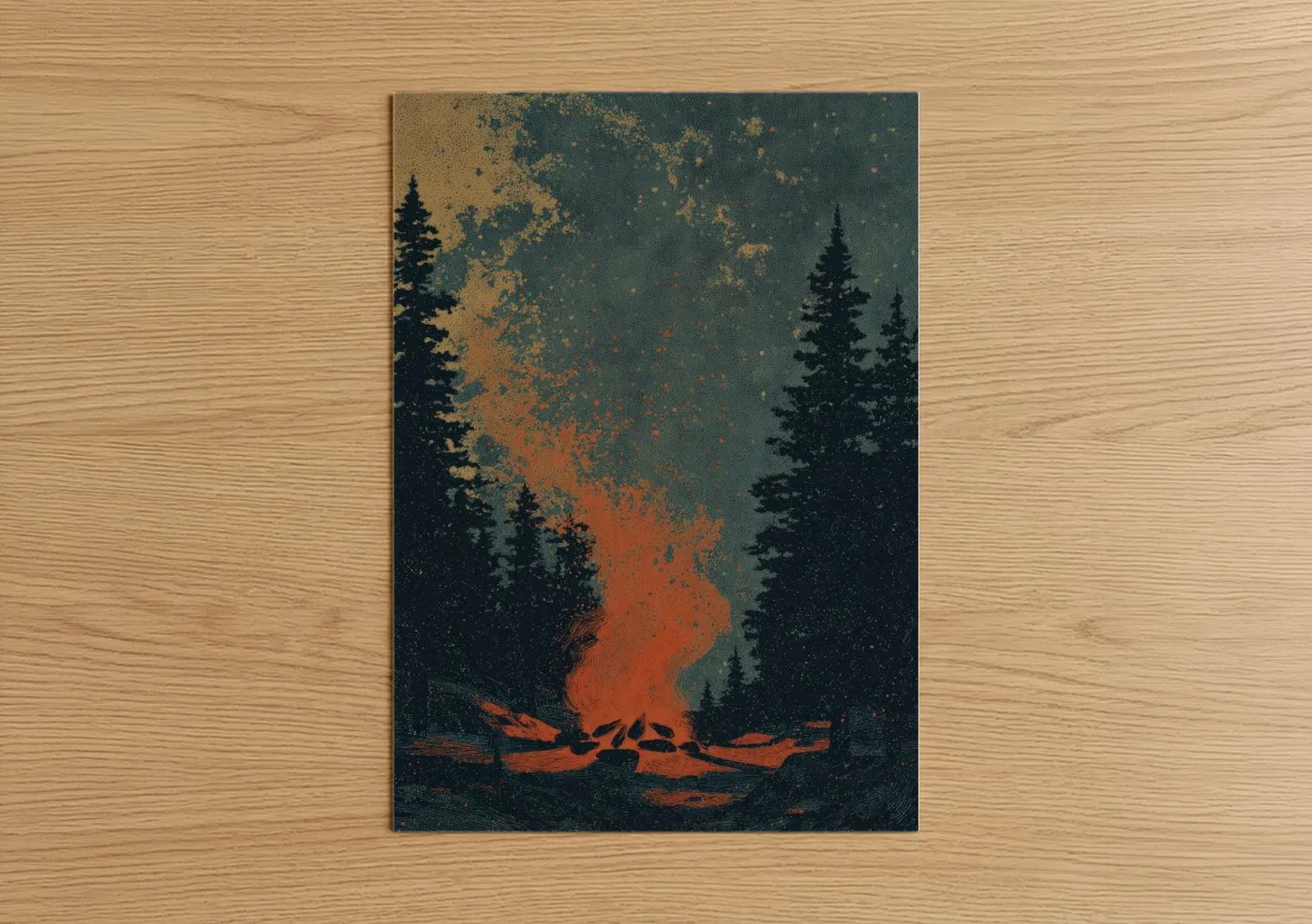 Campfire Glow Forest Night Illustration Wall Art