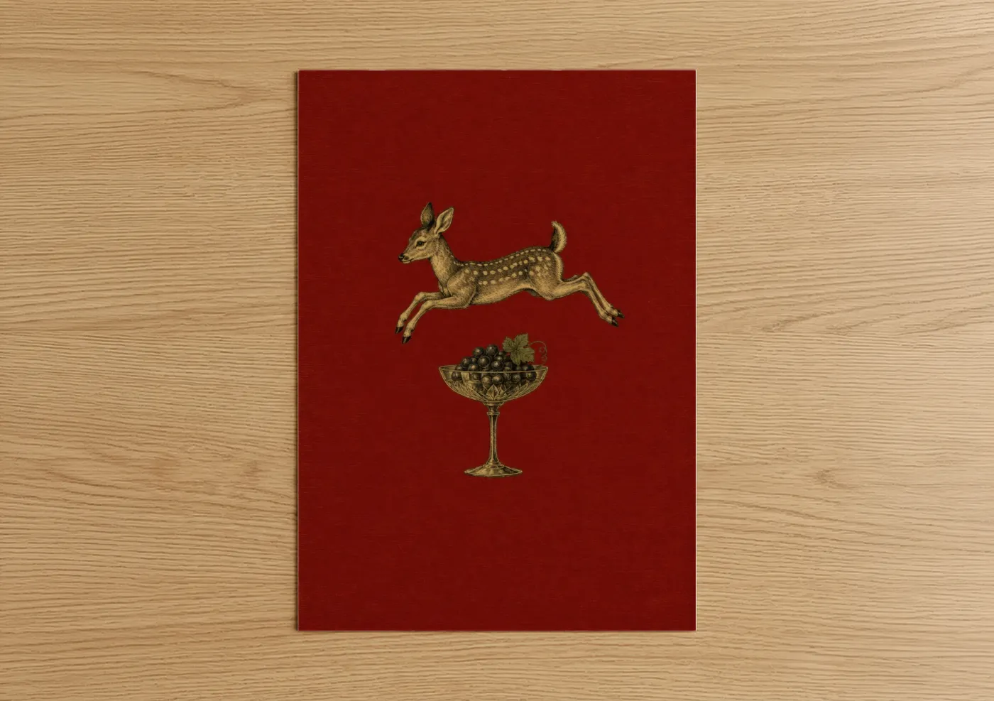 Art print on warm oak wood — red and gold palette — Leaping Deer and Fruit Bowl Wall Art poster