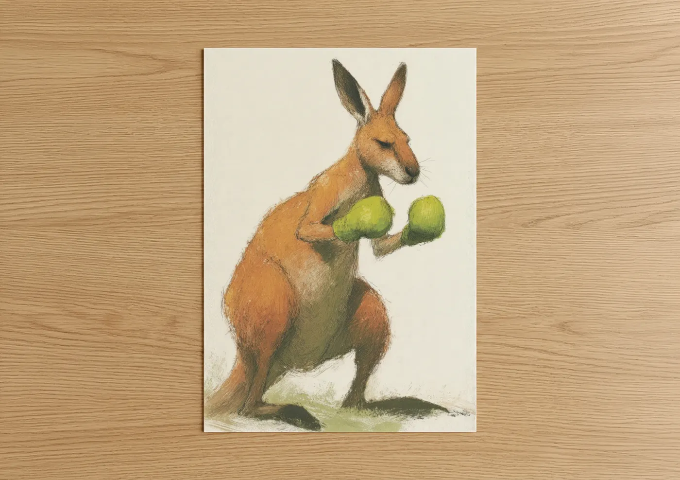 Art print on warm oak wood — gold and light green palette — Boxing Kangaroo poster