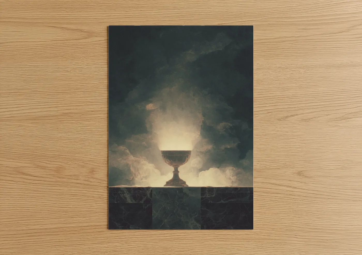 Christian symbols art print on warm oak wood — dark green and gold palette — Chalice Light poster