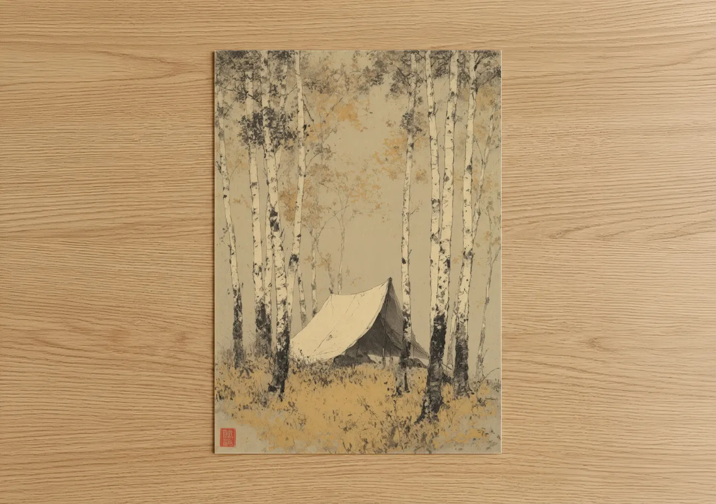 Art print on warm oak wood — beige and black and white palette — Birch Forest Camping poster