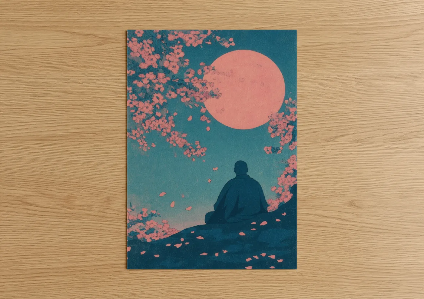 Peaceful Buddha Meditation Under Pink Moon Wall Art