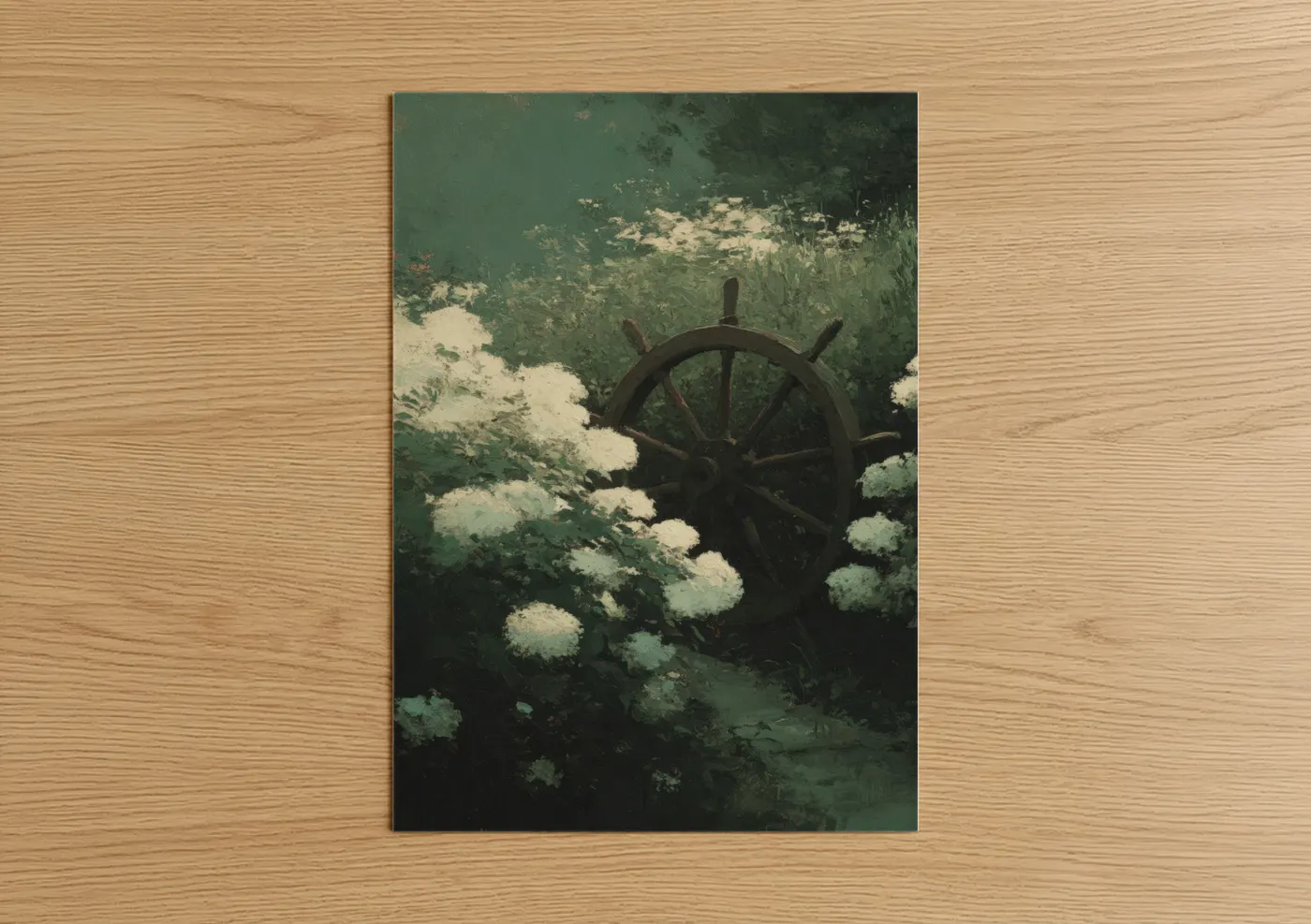 Art print on warm oak wood — dark green and cream palette — Vintage Shipwheel Garden poster