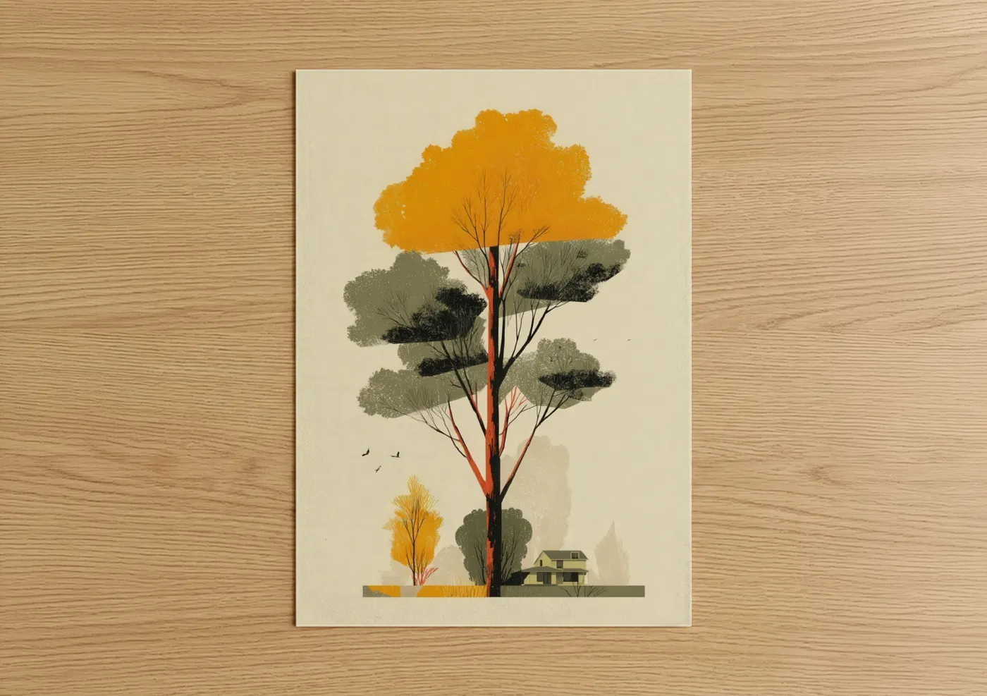 Kauri tree art print on warm oak wood — gold and sage green palette — Golden Kauri poster