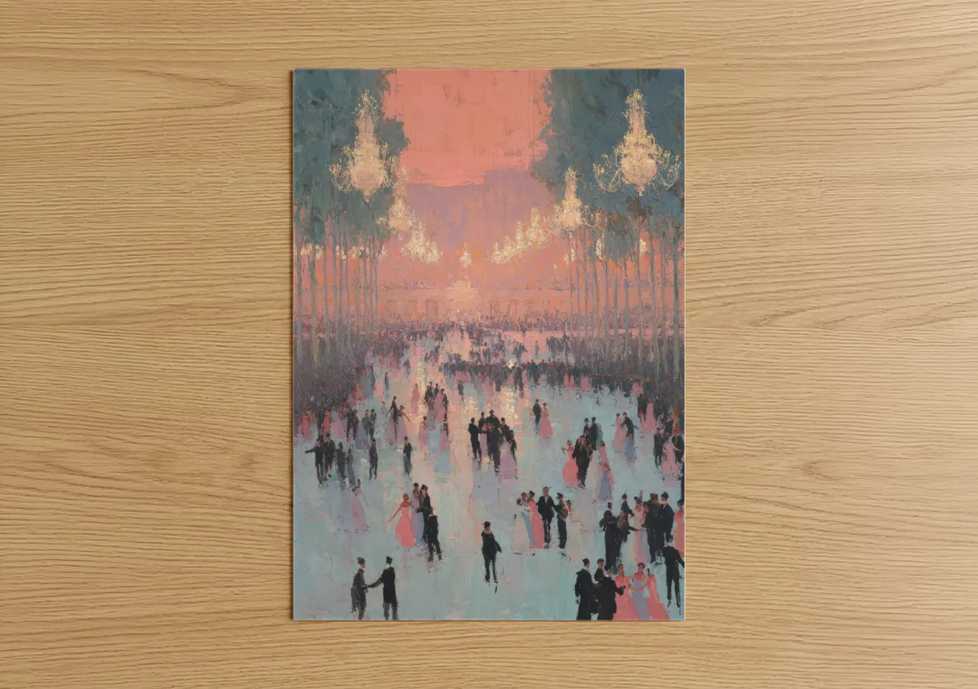 Ice skating art print on warm oak wood — salmon pink and blue palette — Twilight Ice Dance poster