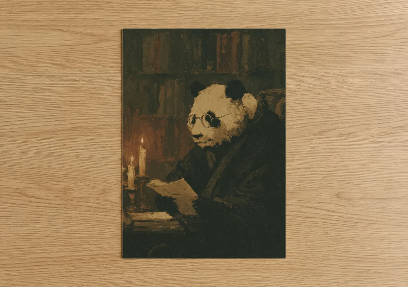 Art print on warm oak wood — brown and cream palette — Scholarly Panda poster