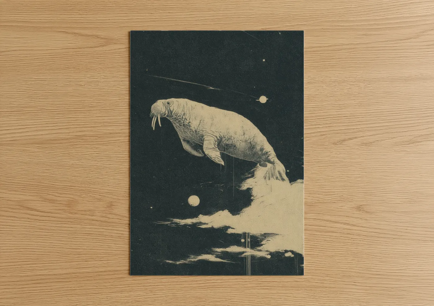 Art print on warm oak wood — cream and black and white palette — Cosmic Walrus poster