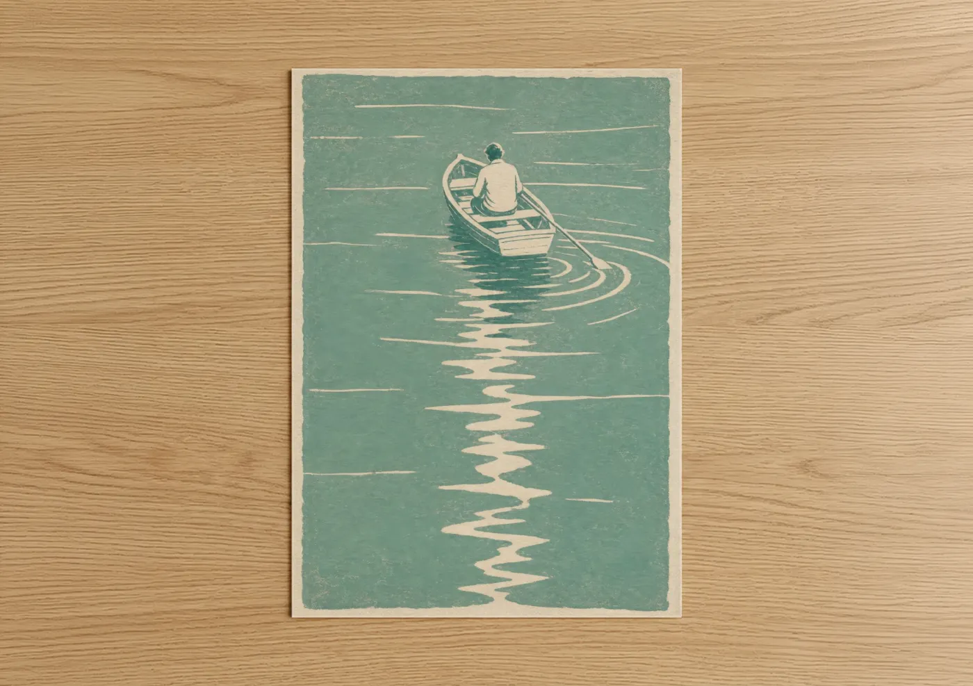Art print on warm oak wood — teal and cream palette — Solitary Rowing Boat Minimalist Wall Art poster