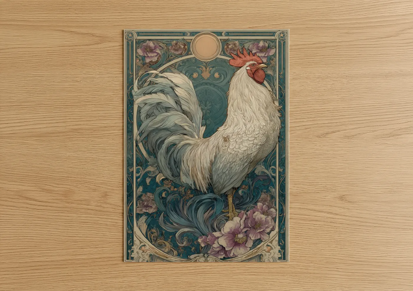 Ornate Rooster Art Deco Floral Design Wall Art