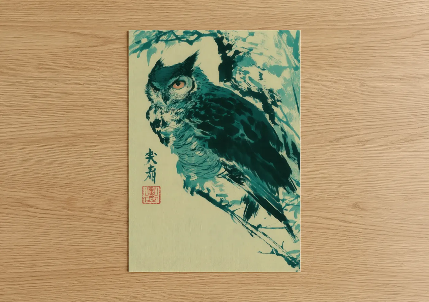 Teal Owl Branch Japanese Art Print Wall Art