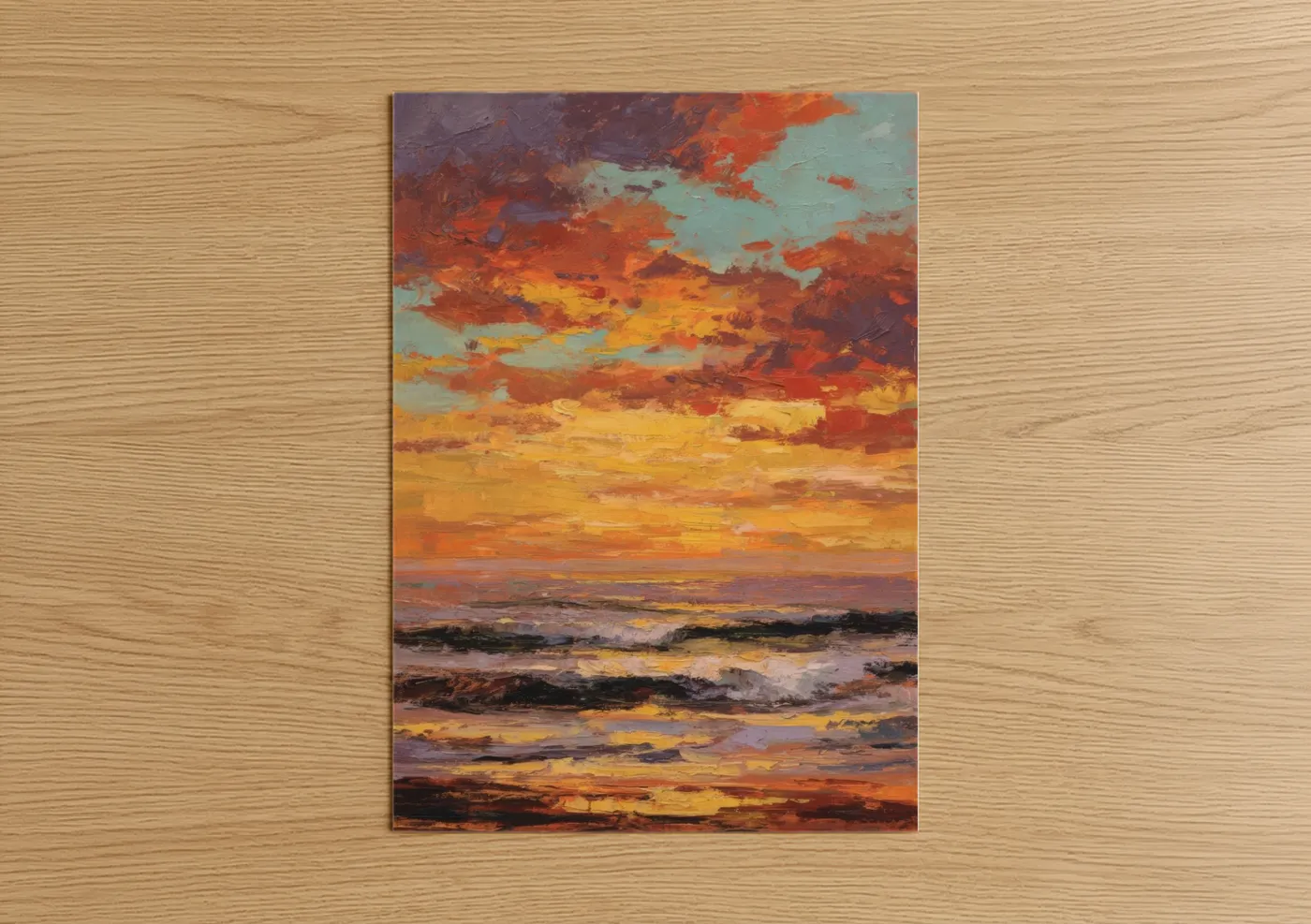 Art print on warm oak wood — gold and orange palette — Golden Sunrise Beach poster