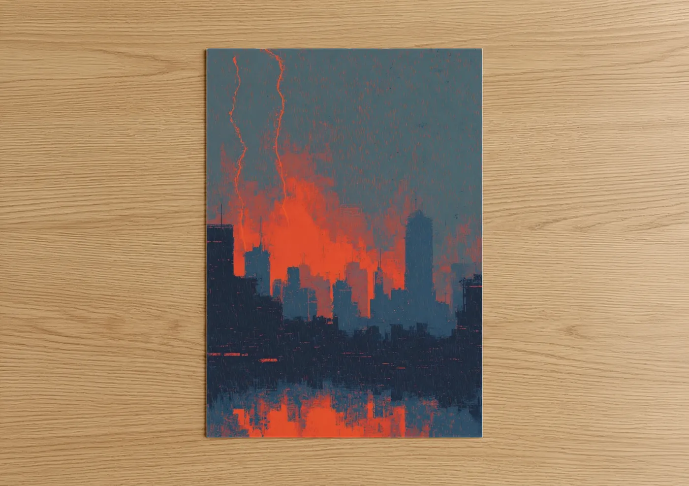 Crimson Lightning Storm City Skyline Wall Art