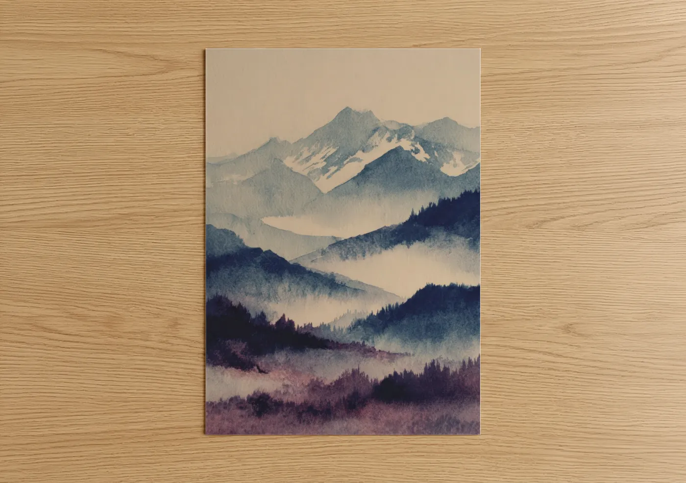Snowy mountains art print on warm oak wood — blue and beige palette — Misty Mountain Peaks poster