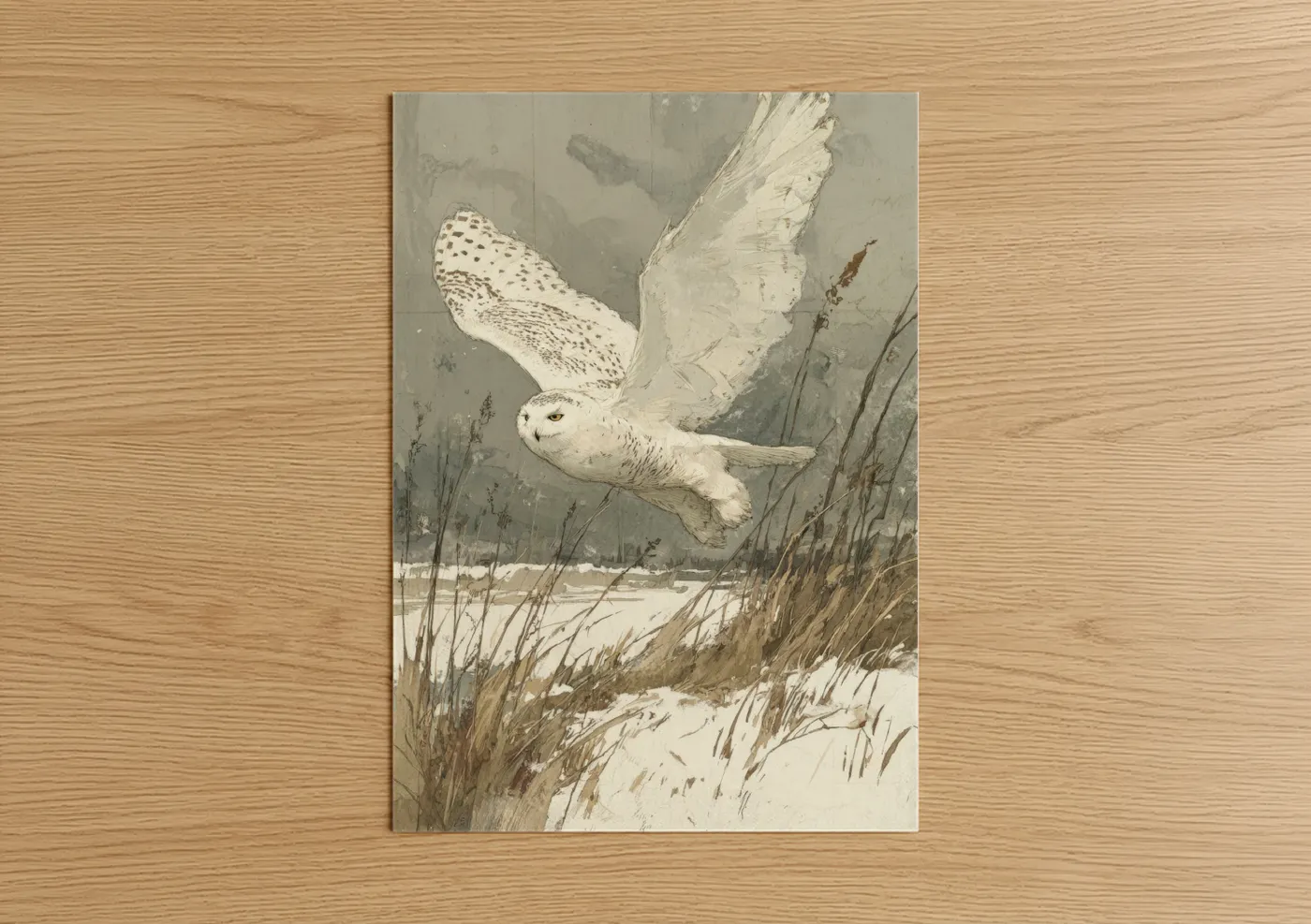 Snowy Owl Winter Flight Watercolor Wall Art