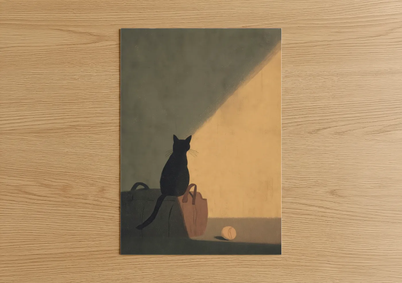 Art print on warm oak wood — gray and gold palette — Watchful Cricket poster