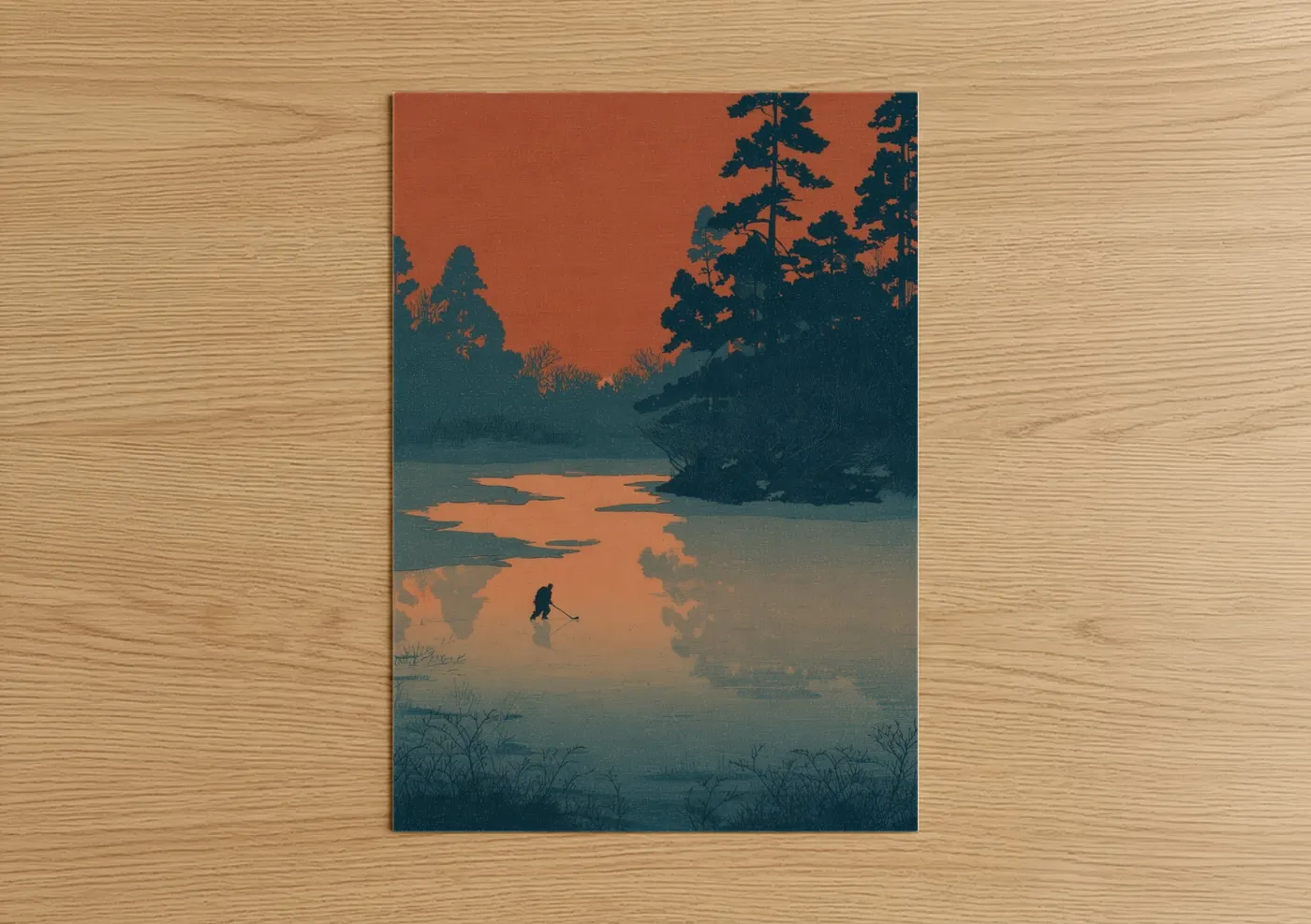 Frozen Pond Hockey Sunset Silhouette Wall Art