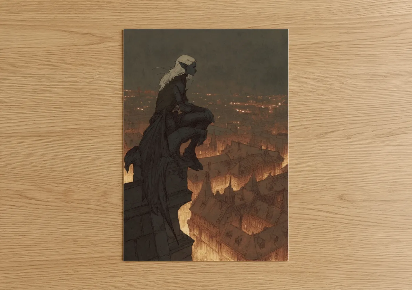 Contemplative Elf Overlooking City Night Wall Art