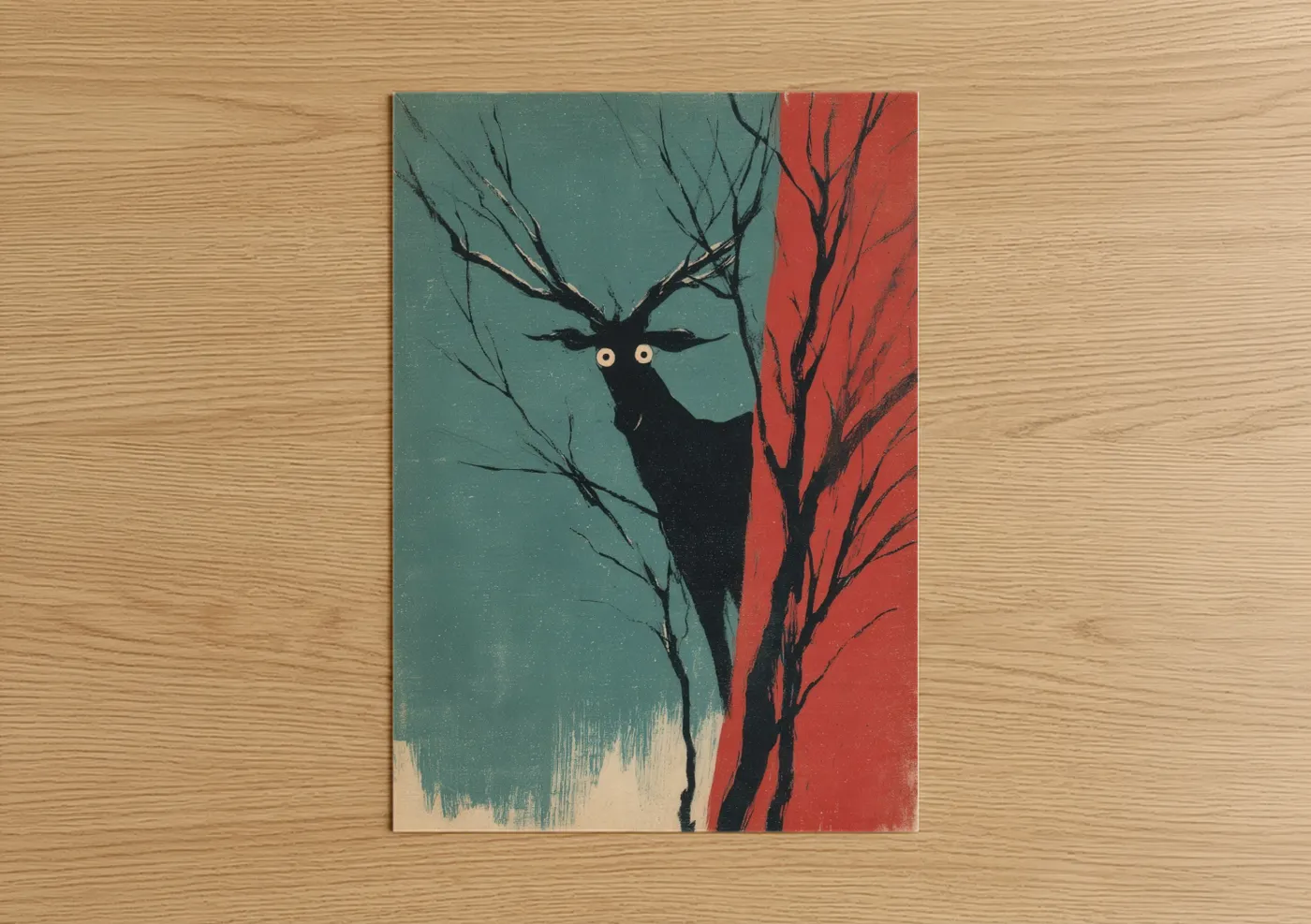 Art print on warm oak wood — teal and red palette — Mystical Reindeer poster