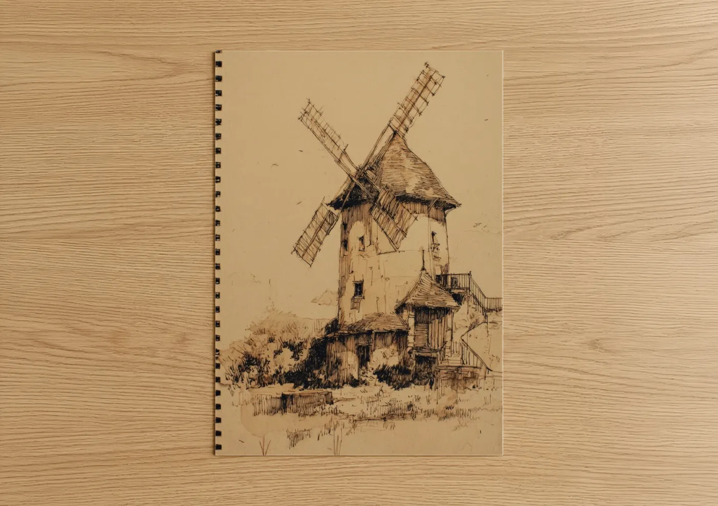 Windmills art print on warm oak wood — beige and black palette — Dutch Windmill Sketch poster
