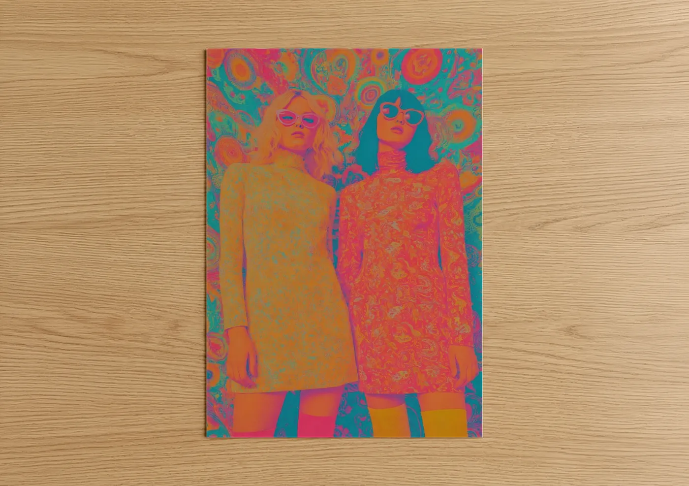 Retro fashion art print on warm oak wood — orange and magenta palette — Groovy Fashion Duo poster