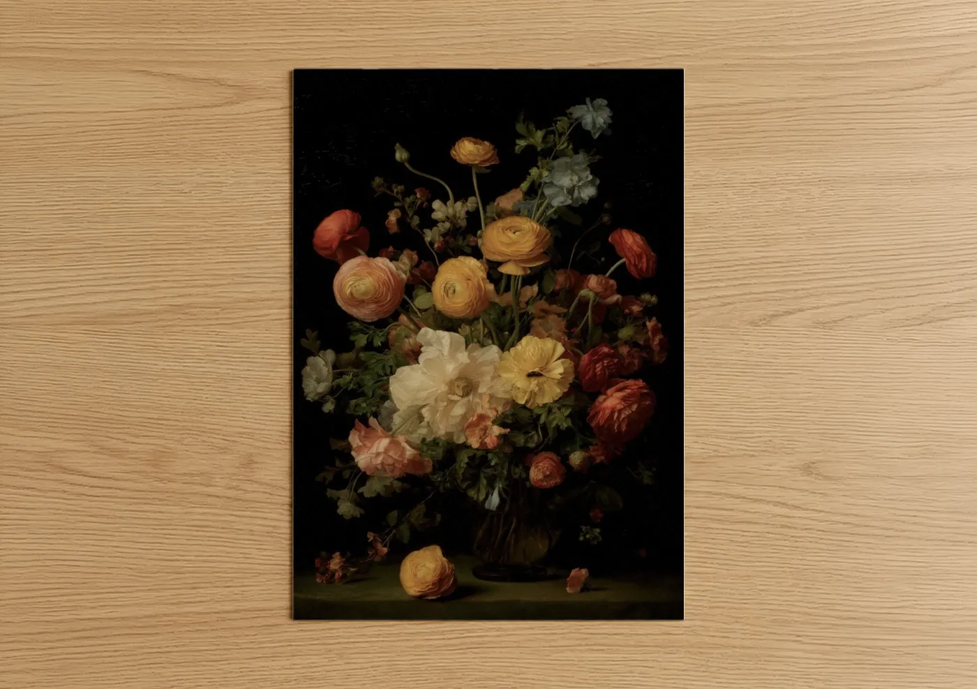 Art print on warm oak wood — gold and russet palette — Vintage Ranunculus poster