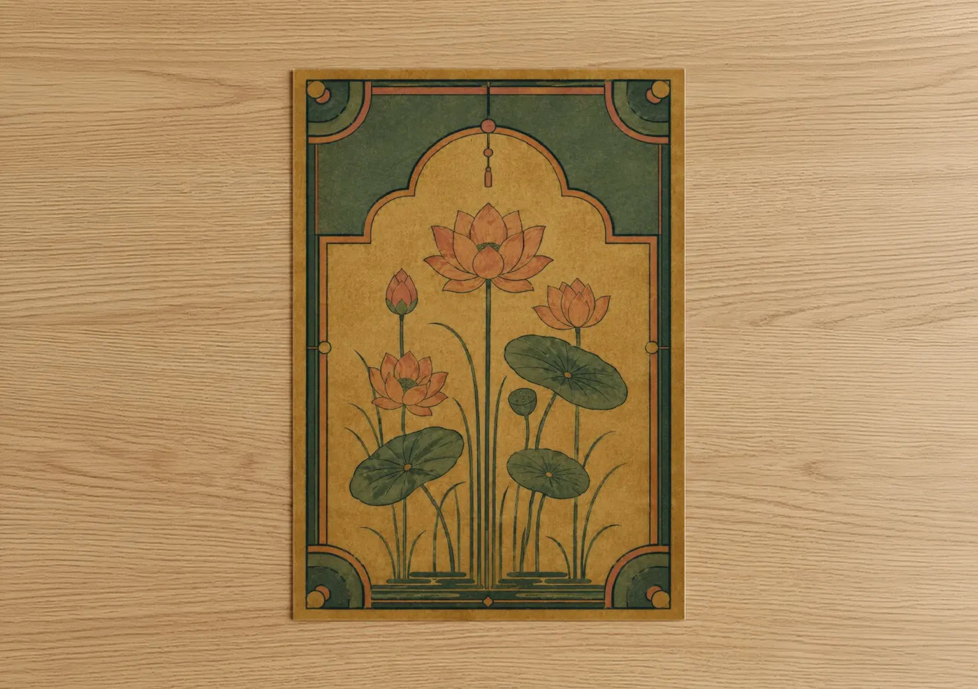 Art print on warm oak wood — gold and dark green palette — Art Deco Lotus Botanical Wall Art poster