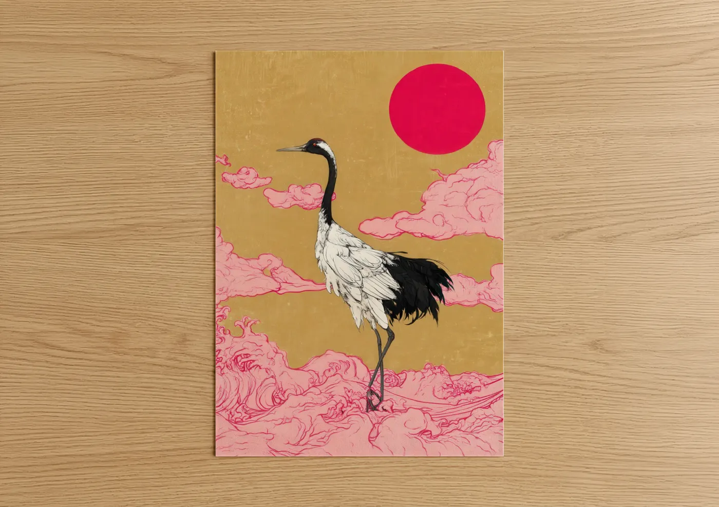 Crimson Sunrise Crane Japanese Wall Art