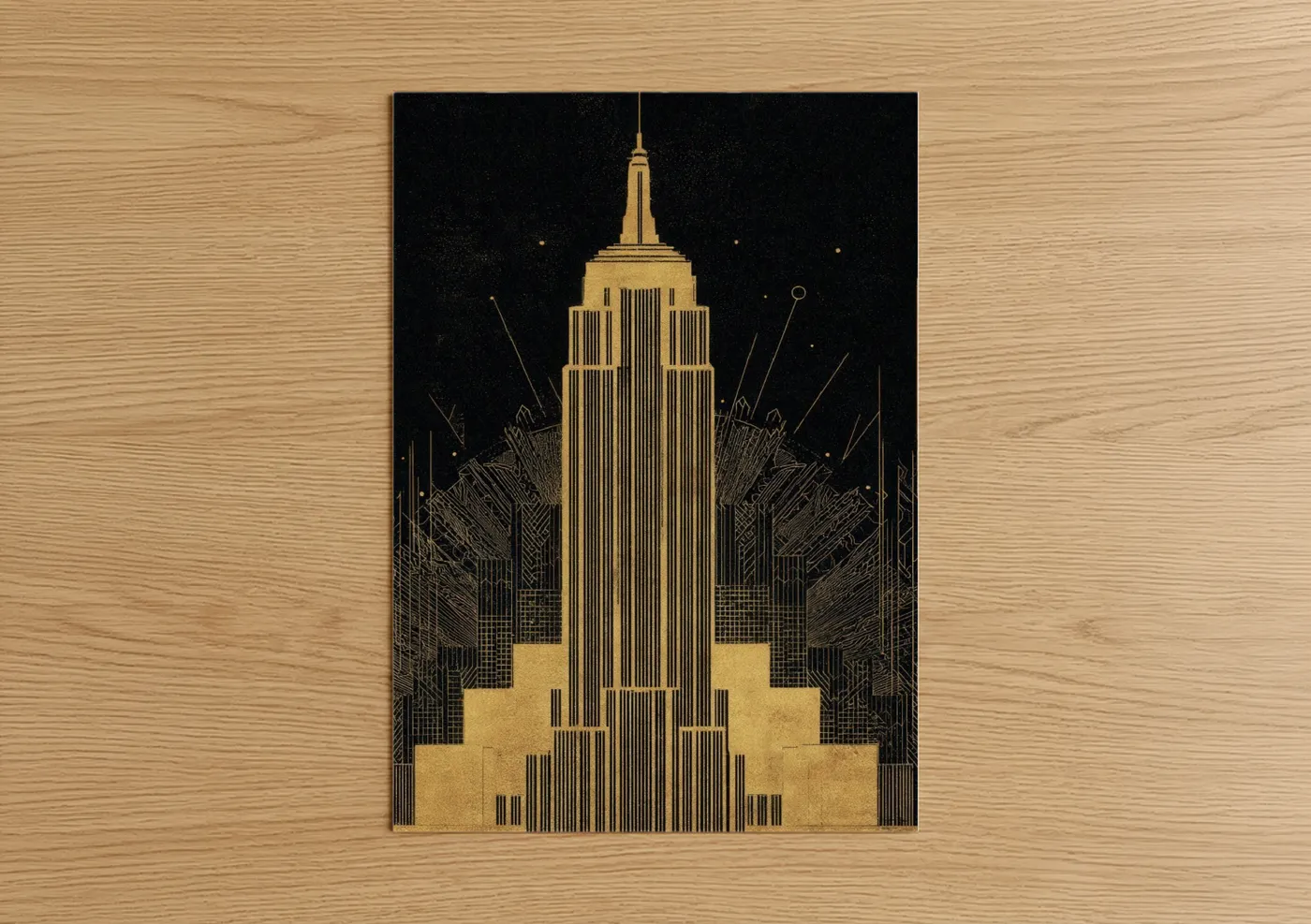 Empire state building art print on warm oak wood — gold and black palette — Golden Empire poster