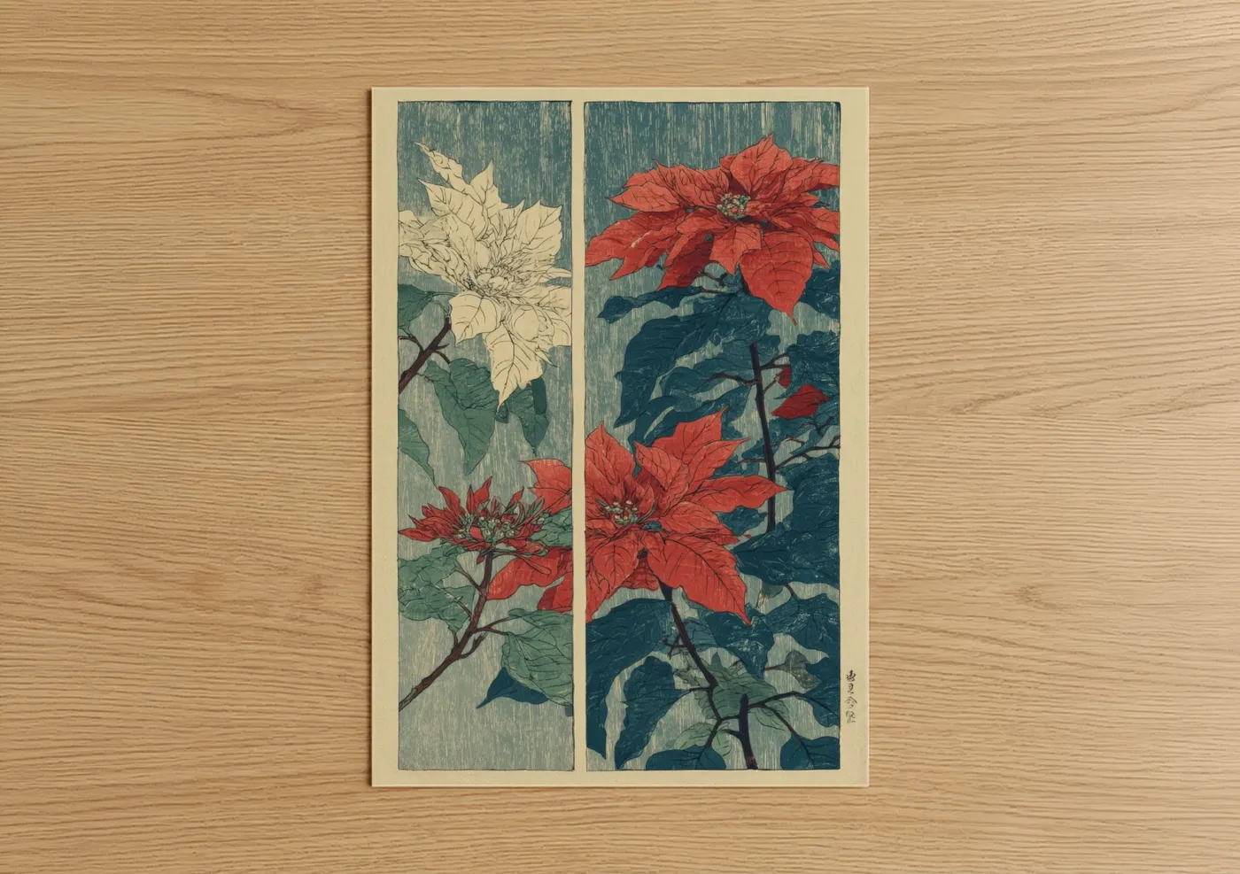 Poinsettias art print on warm oak wood — red and teal palette — Festive Poinsettia Diptych poster