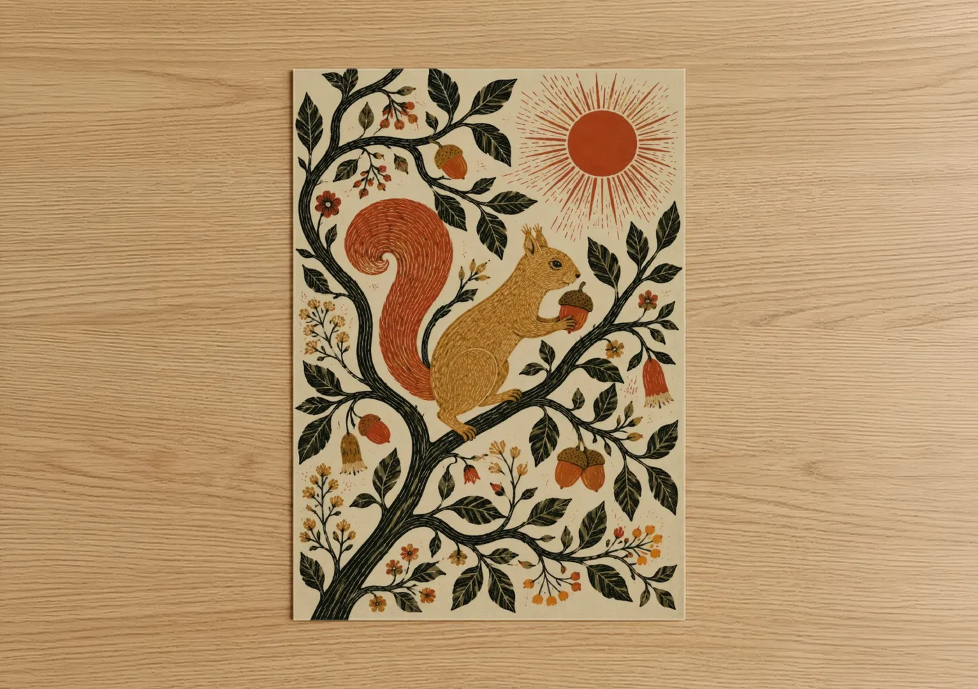 Art print on warm oak wood — beige and orange palette — Squirrel in Autumn Tree Wall Art poster