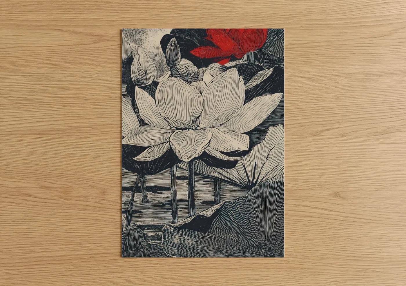 Crimson Lotus Blooms Line Art Print Wall Art