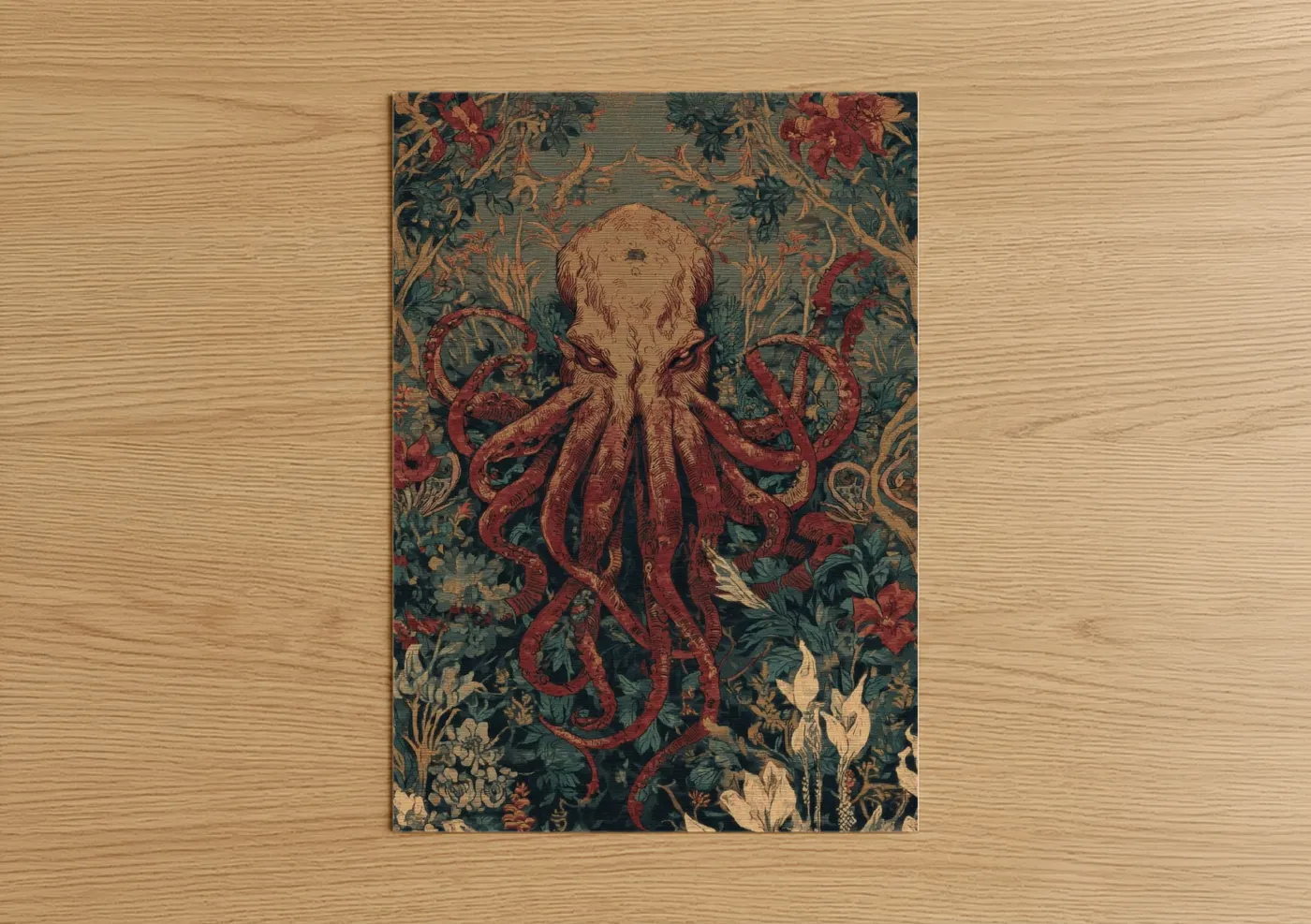 Art print on warm oak wood — red and dark green palette — Crimson Cthulhu poster