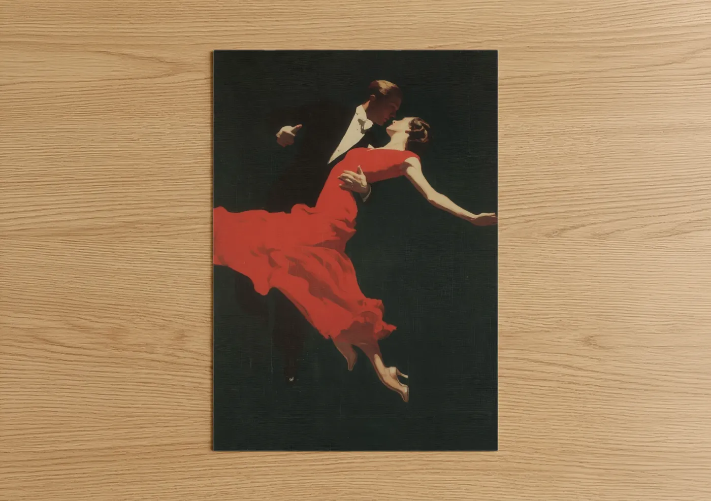 Art print on warm oak wood — red and black palette — Crimson Swing Dance poster