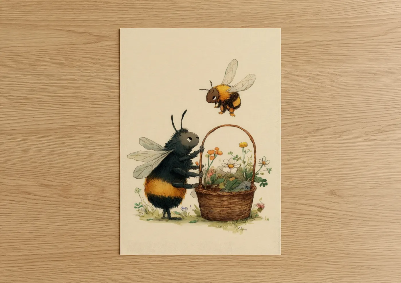 Busy Bee Basket Whimsical Illustration Wall Art