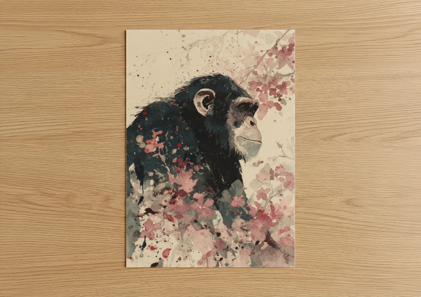 Art print on warm oak wood — beige and salmon pink palette — Contemplative Chimpanzee poster